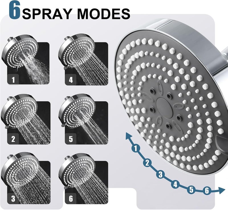 Offo Shower Head, High Pressure Shower Head with 6 Mode, Fixed Showerheads for Strong Water Flow & Relaxing Shower Experience, Chrome - Image 4